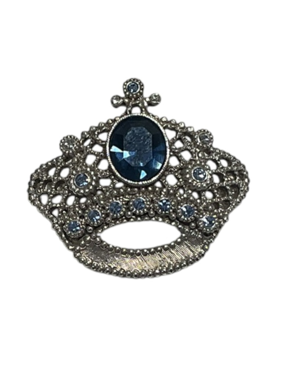 Ornate Victorian Revival Crown Brooch Sapphire Blue Rhinestone Filigree Statemen